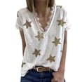 thumbnail image 1 of Blusa de verano para mujer con escote en V, manga corta y ribete de encaje y estampado de estrellas, color blanco XXL, 1 of 5