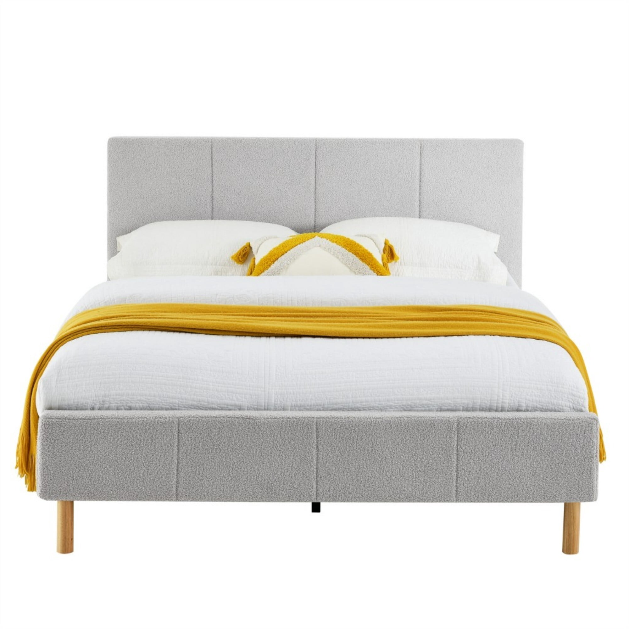 AENKYO Queen Size Upholstered Platform Bed Frame with Soft Teddy Velvet Headboard, No Box Spring Needed, Gray