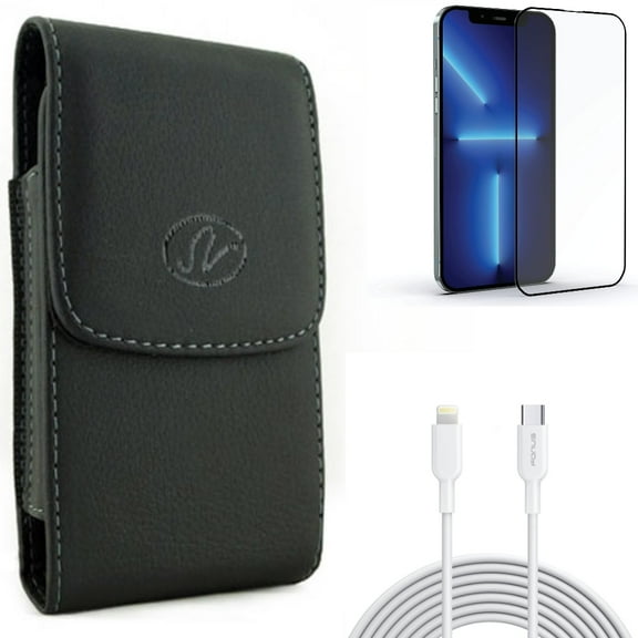 Screen Protector & Case Belt Clip & 6ft PD Cable for iPhone 13 Pro Max ONLY - Anti-Glare Tempered Glass Matte   Leather Holster Cover   USB-C Fast Charger Long Combo
