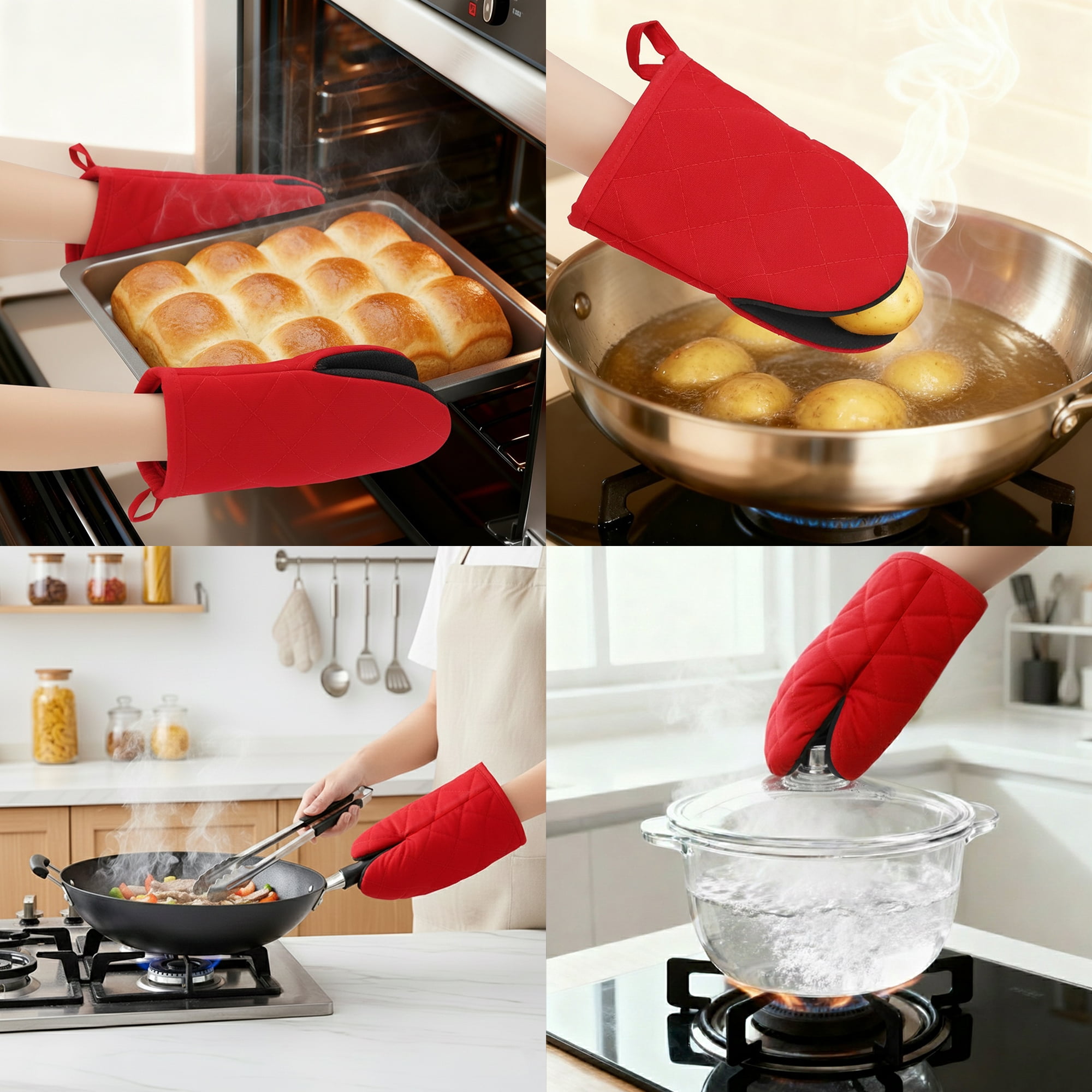 Unique Bargains Oven Mitts Heat Resistant Cooking Gloves Red 7.9x5.7inch