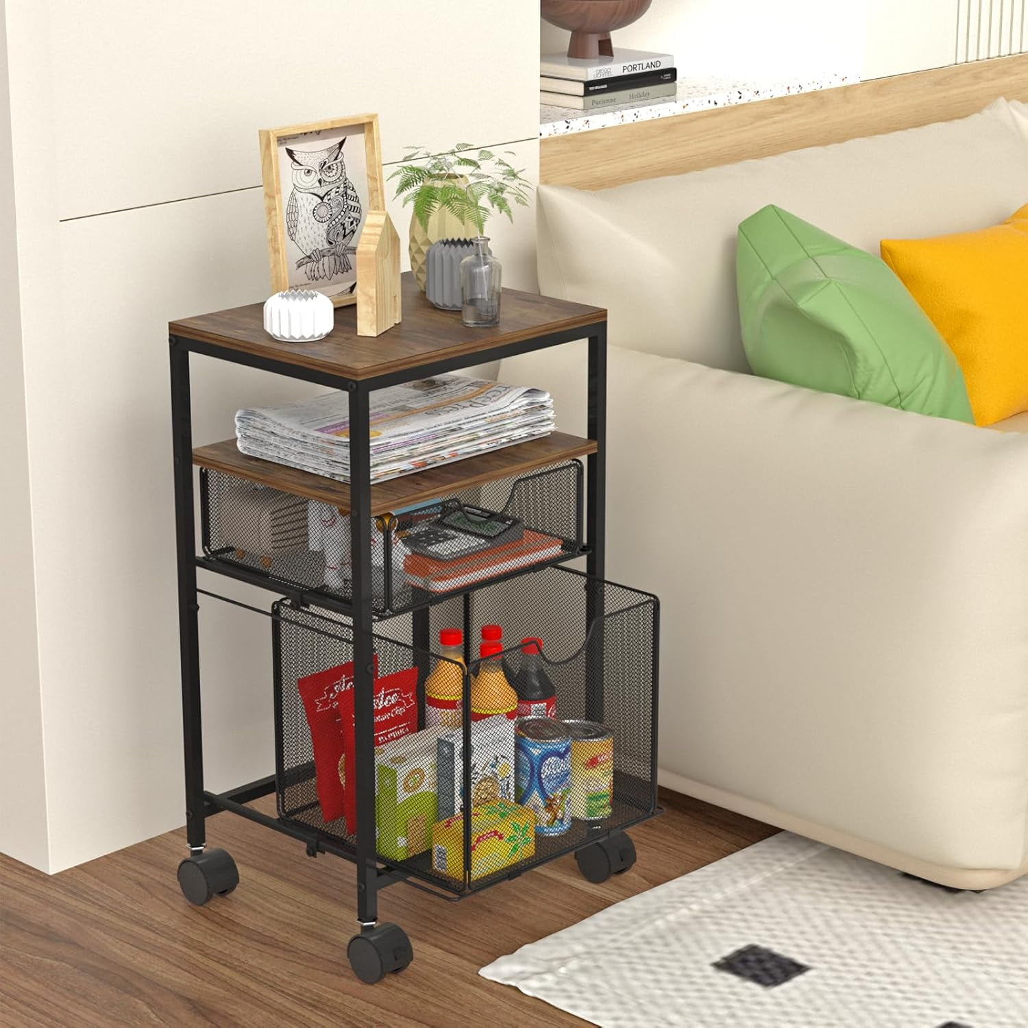 Rolling File Cart with 2 Storage Drawers, Wood & Mesh Hanging File Folder Organizer with Wheels Under Desk, File Cabinets for Home Office, 14.7" L x 11.8" D x 25.3" H