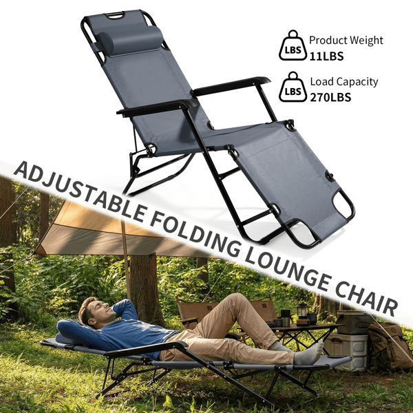 Alvantor 2-in-1 Folding Lounge Chair with Adjustable Recline, Pillow and Armrests, Gray