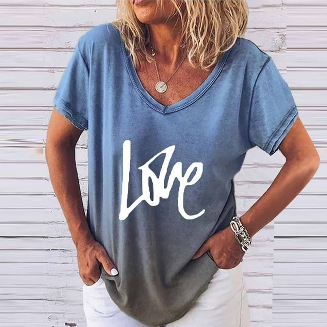Hauts d'Été Grande Taille pour Femmes à Manches Courtes, T-shirt Décontracté à Manches Courtes Col en V avec Impression Dégradée, T-shirt Col en V pour Femmes en Liquidation