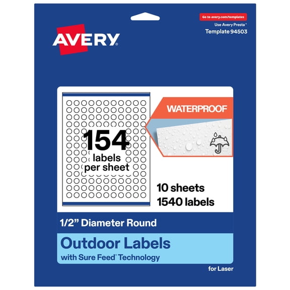 Avery Waterproof Round Labels, 0.5" Diameter, 1540 Total
