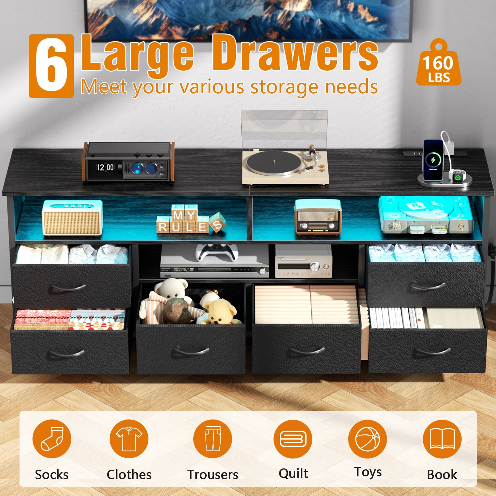 Tydimor 6-Drawer Fabric Dresser with LED Lights & Outlet, TV Stand with 3 Open Compartments, Metal Frame Anti-Tip Design, Fits 32"-70" TVs, for Bedroom or living room, Black (55")