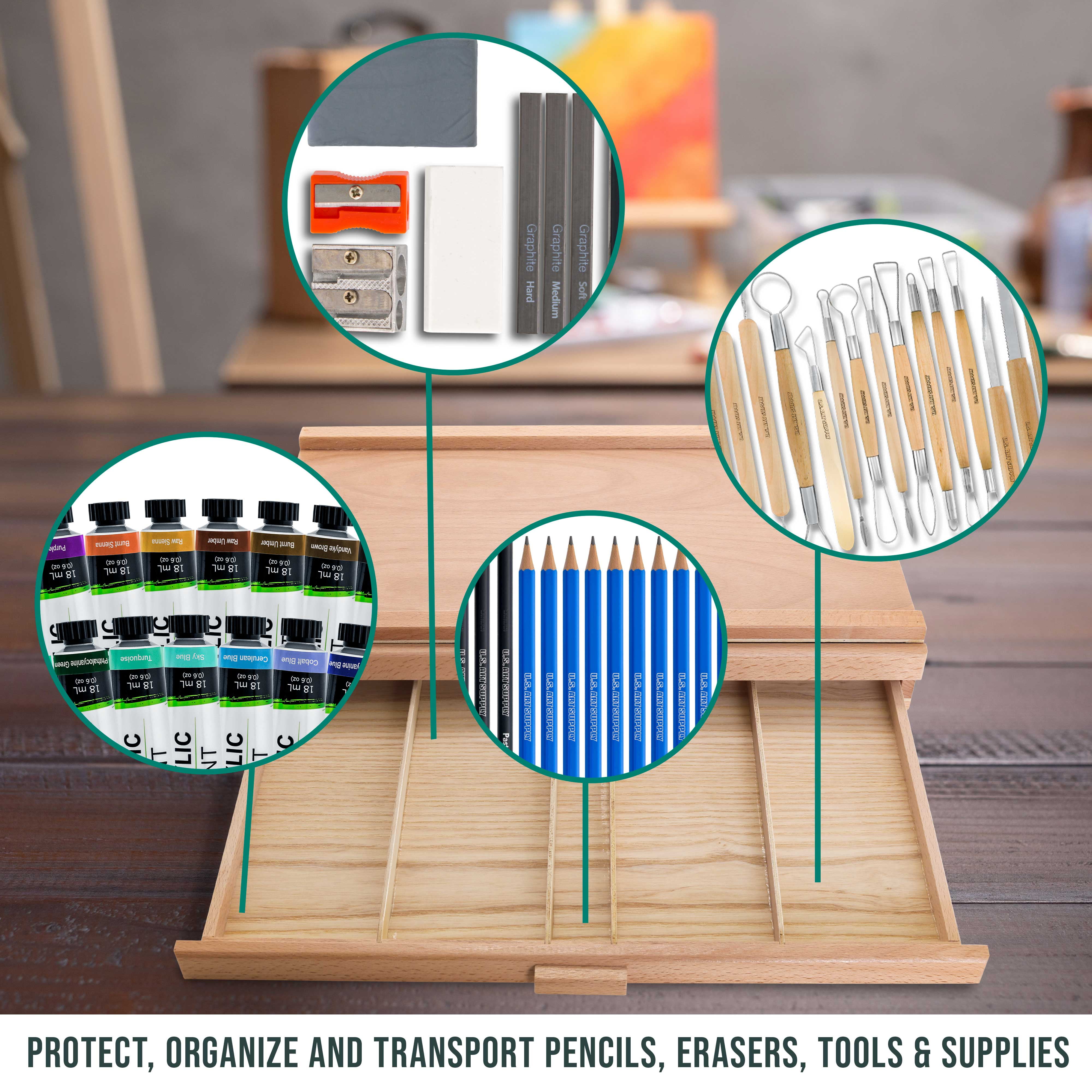 U.S. Art Supply 2-Drawer Artist Wood Pastel, Pen, Marker Storage Box - Elm Hardwood Construction, 5 Compartments per Drawer - Ideal for Pastels, Pens, Pencils, Charcoal, Blending Tools, and More