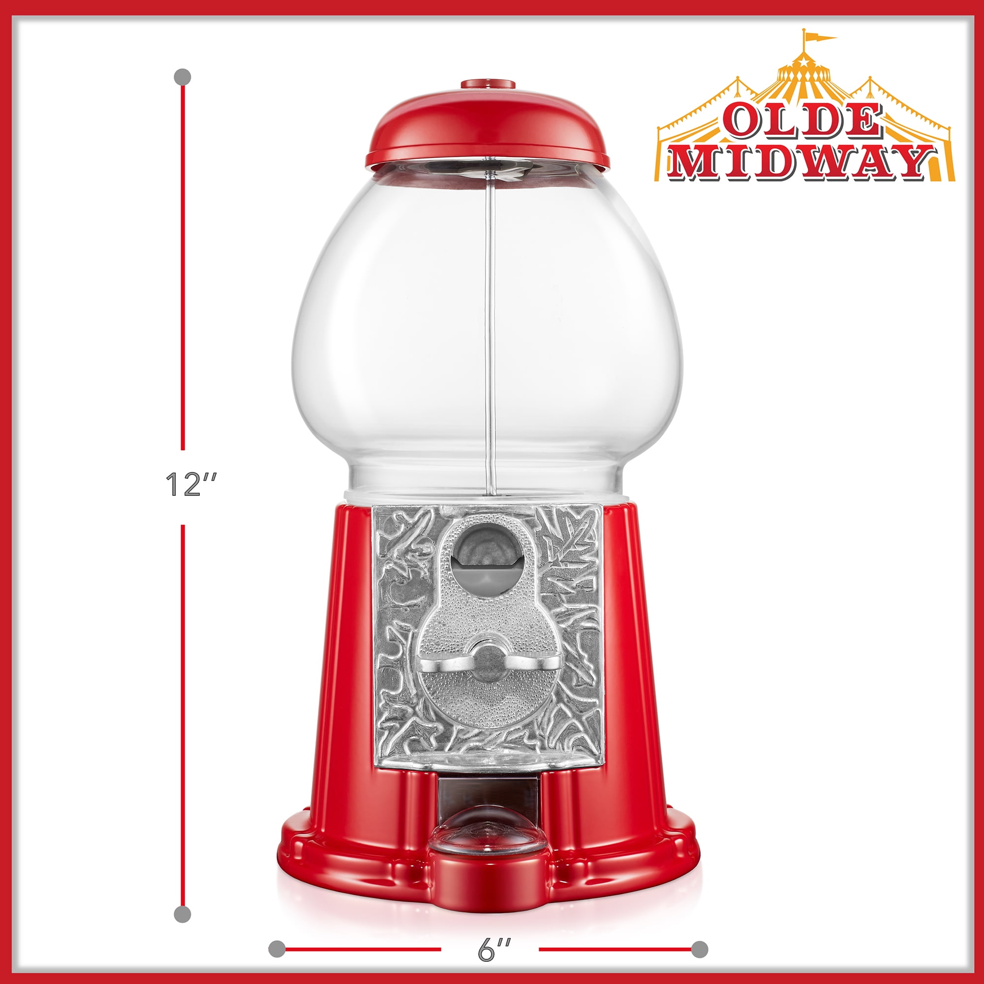 Olde Midway 12" Gumball Machine with Coin Bank - Red, Antique-Style Bubble Gum Candy Dispenser