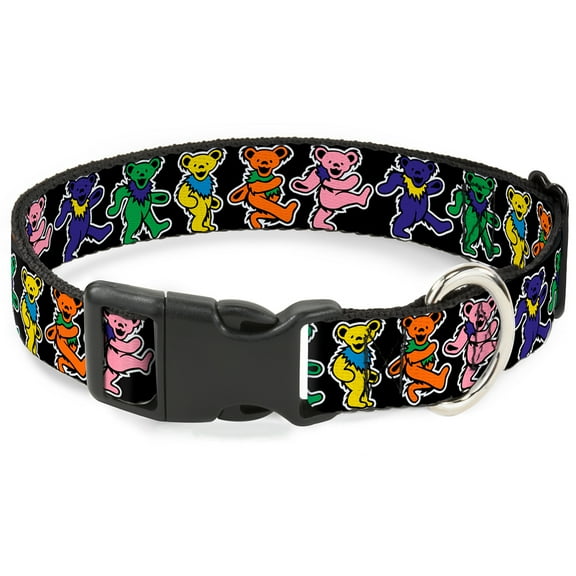 Grateful Dead Pet Collar, Dog Collar Plastic Buckle, Dancing Bears Black Multi Color, 8.5 to 12 Inches 0.5 Inch Wide