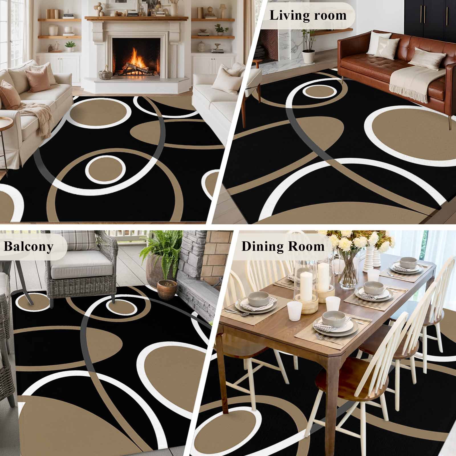 Rectangle Area Rugs 5 x 8 Ft, Black Brown Non-Slip Residential Carpet, White Circle Modern Minimalist Geometric Indoor Crawling Mats Runner Rugs for Living Room/Dining Room/Bedroom