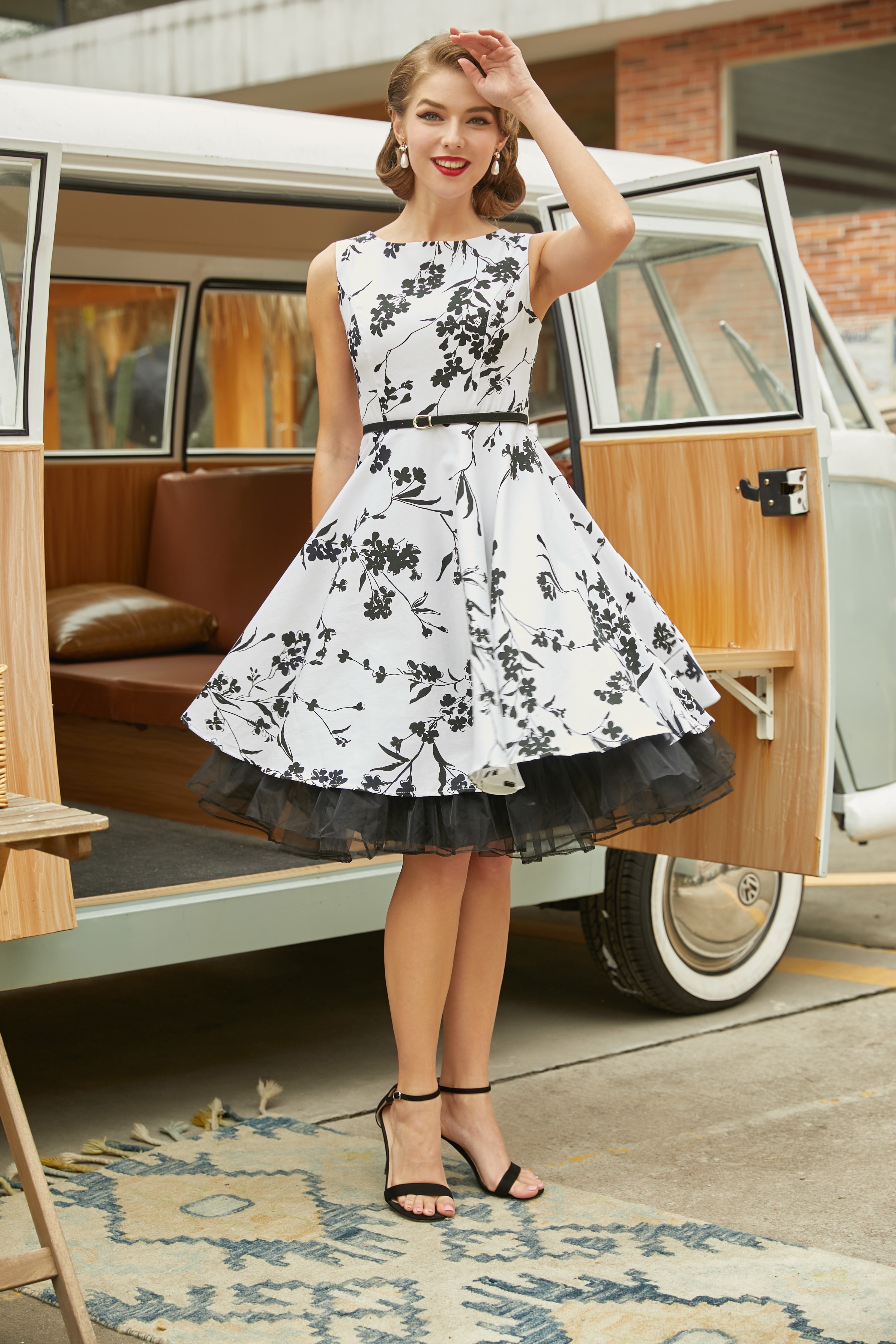 Women/’s Sleeveless Boatneck Vintage Tea Length Swing A-line Dress with Belt