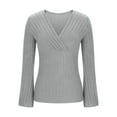thumbnail image 4 of Women's Wrap Sweater Bell Long Sleeve T Shirt Deep V Neck Slim Ribbed Knit Tee Tops, 4 of 5