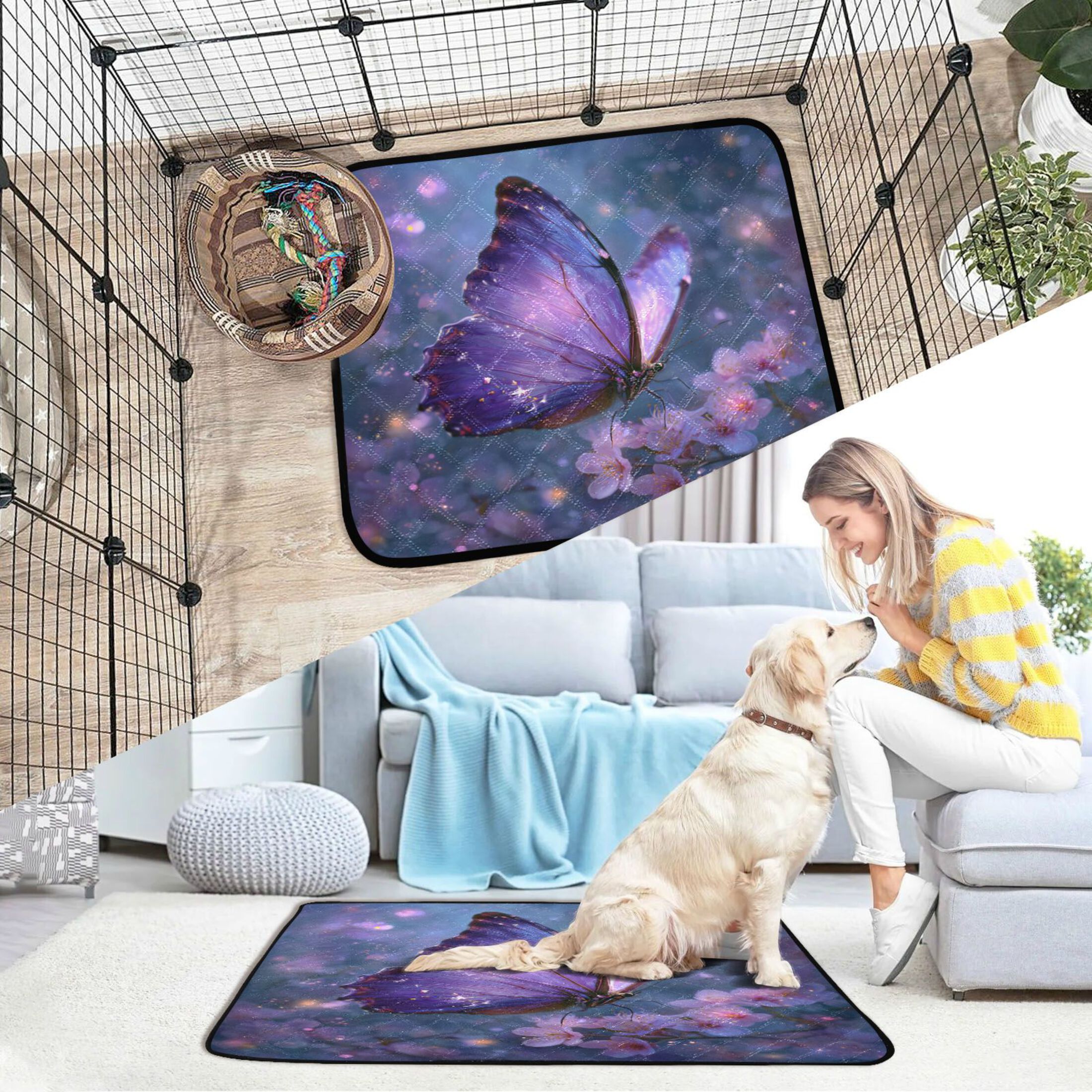 Qxltty Sakura Purple Butterfly Cat litter Pads Pet Set of 3 Diaper Mats Center Anti-leakage Layer Absorbent Soft and Comfortable