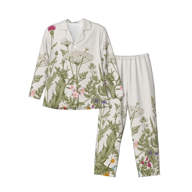 Fotbe Herbs and Wildflowers Pijama de Hombre con Estampado de Manga Larga, Conjunto de 2 Piezas, Ropa de Dormir Suave y Cómoda con Bolsillos-X-Large