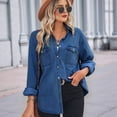 thumbnail image 4 of Denim Button Down Shirts for Women Long Sleeve Western Relaxed Single Pocket Jean Shirt Shacket Top Dark Blue M, 4 of 9
