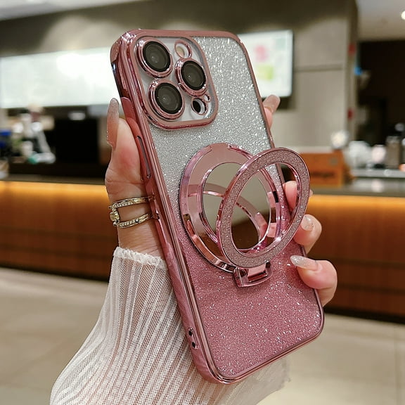 Allytechgroup Magnetic Compatible with iPhone 15 with Camear Lens Protector, Bling Phone Case with Kickstand Compatible with Magsafe for Women Girls Shockproof Protective Back Cover, Pink