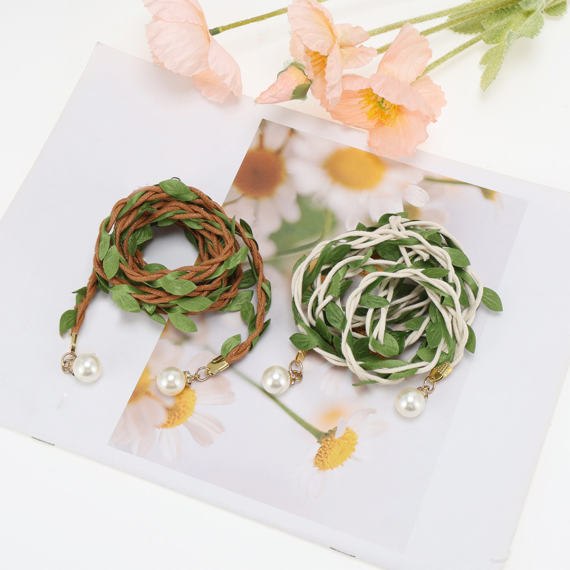 Unique Bargains Leaf Tassel Handmade Cord Belt 1Pc for Fashionable Styling Green, White