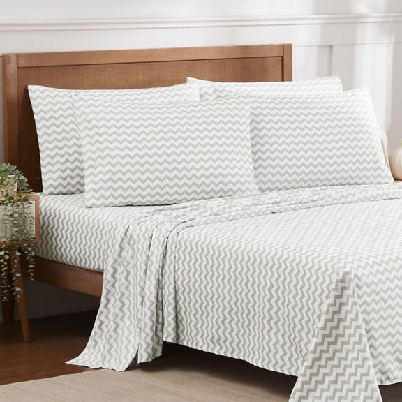 6 Piece Printed Sheet Set, Deluxe Ultra Soft 1500 Series, Double Brushed Microfiber -Chevron Gray, California King