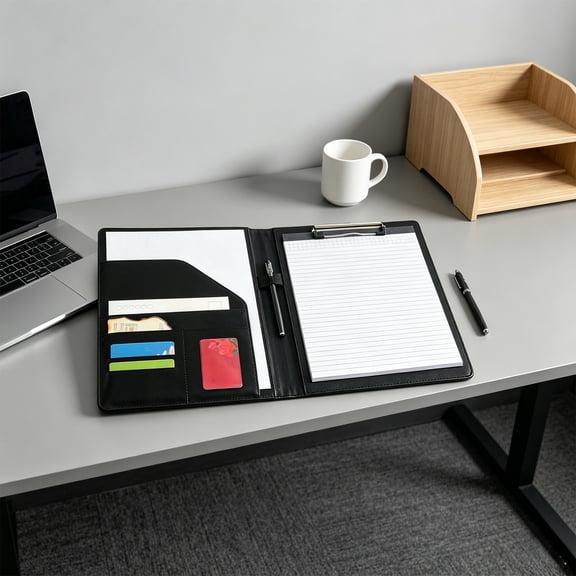 Leather Portfolio Folder, A4 Padfolio Business Organizer with Notepad and Pen for Office, Interviews, and Travel
