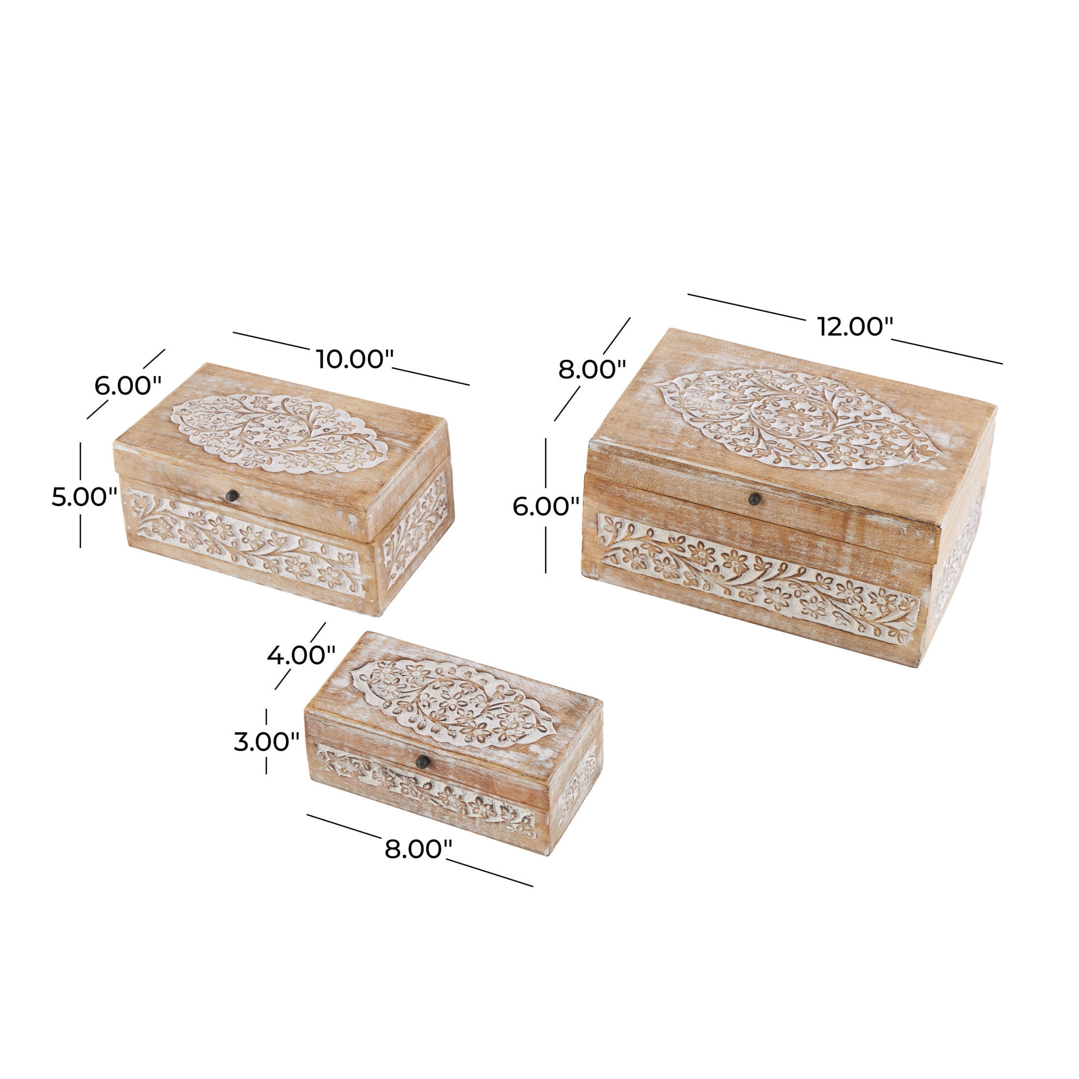 DecMode Floral Cream Mango Wood Decorative Box with Hinged Lid, 3 Count