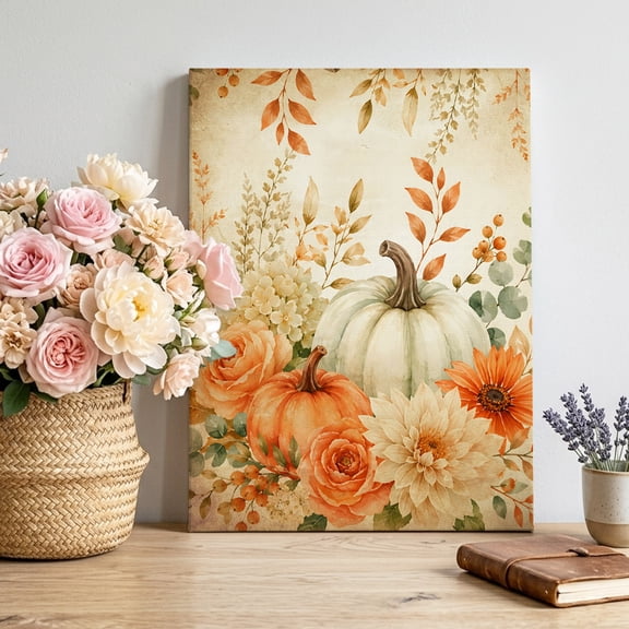 Thanksgiving Fall Canvas Wall Art, Rustic Vintage Beige Pumpkin Flower Shabby Chic Framed Canvas Wall Decor Picture Print Artwork Decorations for Living Room Office Ready to Hang 16" x 12"