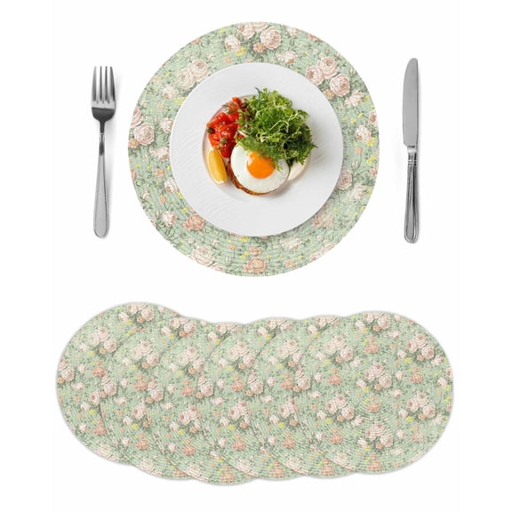 Green Flowers Round Placemats Set of 6 for Dinning Tables,Heat-proof Braided Table Mats 13 Inch,Farmhouse Botanical Floral Leaves Art Washable Place Mat for Kitchen Restaurant Party Table Decor