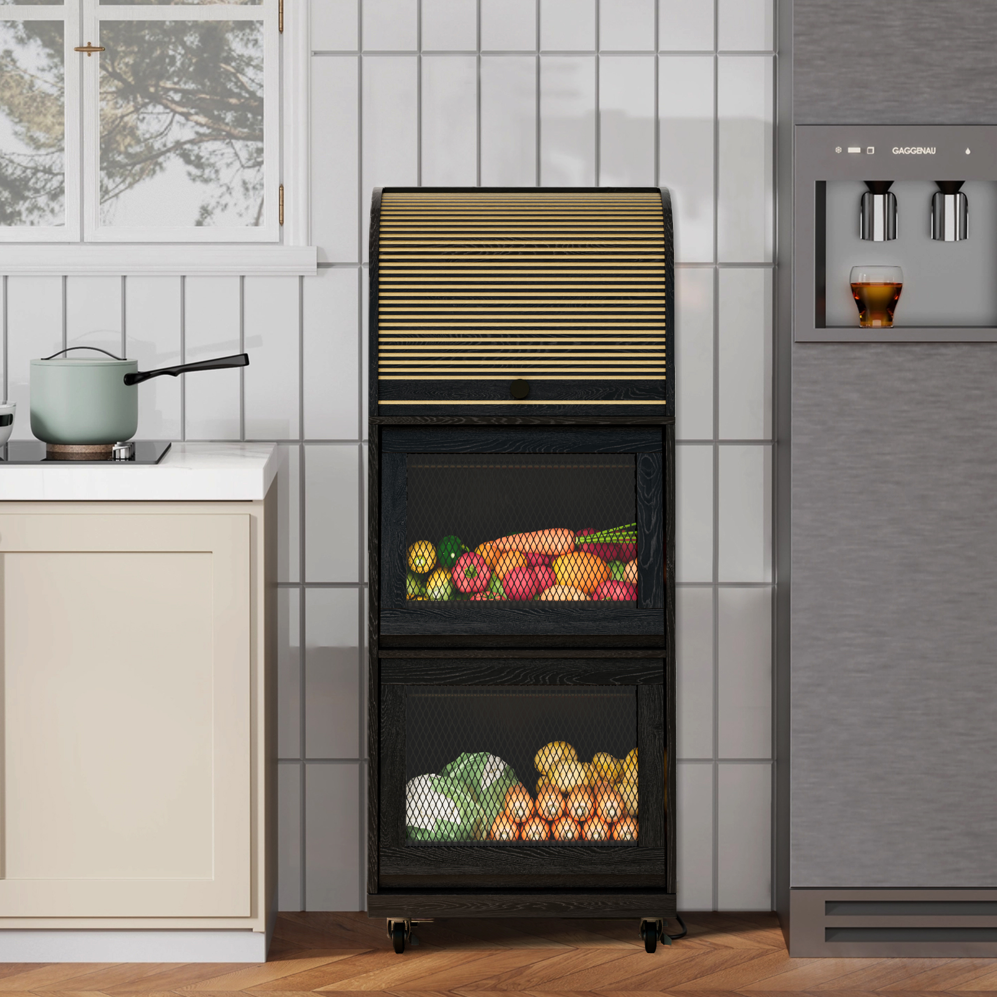 Onion and Potato Storage Bin Box, Movable Potato Bins with Sliding Door, Farmhouse Kitchen Pantry Cabinet