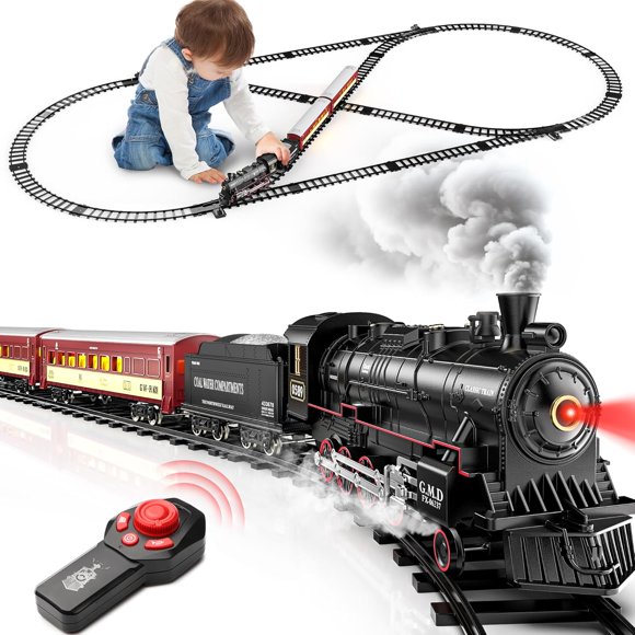 Hot Bee Train Set for Boys, Alloy Remote Control Train Sets with Steam Locomotive, Light Up Cars and Tracks, Electric Trains Set Toys for Toddler Kids, Christmas Toys Gifts for 3+ Year Old