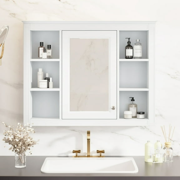Tcbosik Bathroom Cabinet Wall Mounted with Mirror, Medicine Cabinet with Open Shelves for Kitchen, Living Room, White