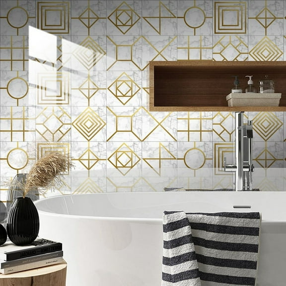 Marble Decorative Adhesive Tile Stickers for Bathroom and Kitchen Tile Stickers,Waterproof Self-Adhesive Decoration E S,10 x wall stickers,White&Gold