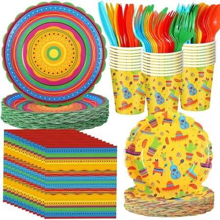 400 Pcs Mexican Party Supplies Fiesta Disposable Paper Plates Napkins and Cups Mexican Tableware Decorations for Cinco de Mayo Birthday, Taco Party (Fresh)