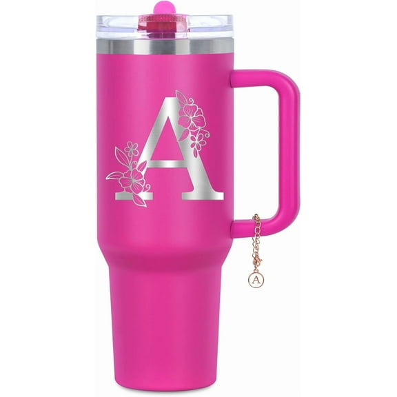 Personalized 40 oz Monogrammed Tumbler with Handle and Flip Straw Lid, 100% Leak Proof stainless steel Insulated Tumbler, Customized Initial Funny Gifts for Women Mom Sisters Coworker, A