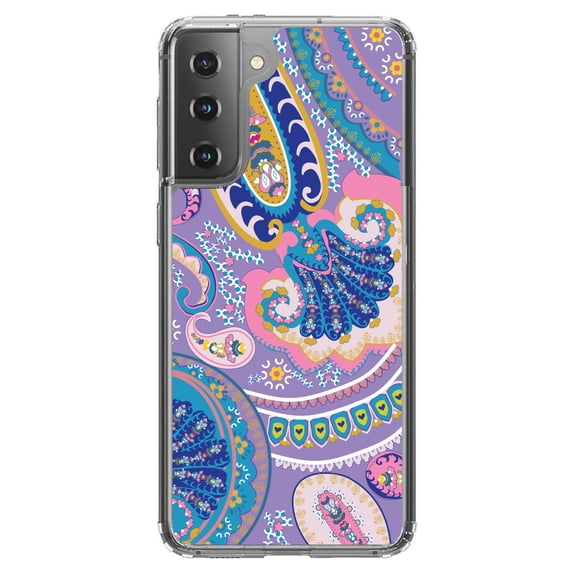 DistinctInk Clear Shockproof Hybrid Case for Galaxy S21 5G (6.2" Screen) - TPU Bumper, Acrylic Back, Tempered Glass Screen Protector - Purple Pink Blue Paisley