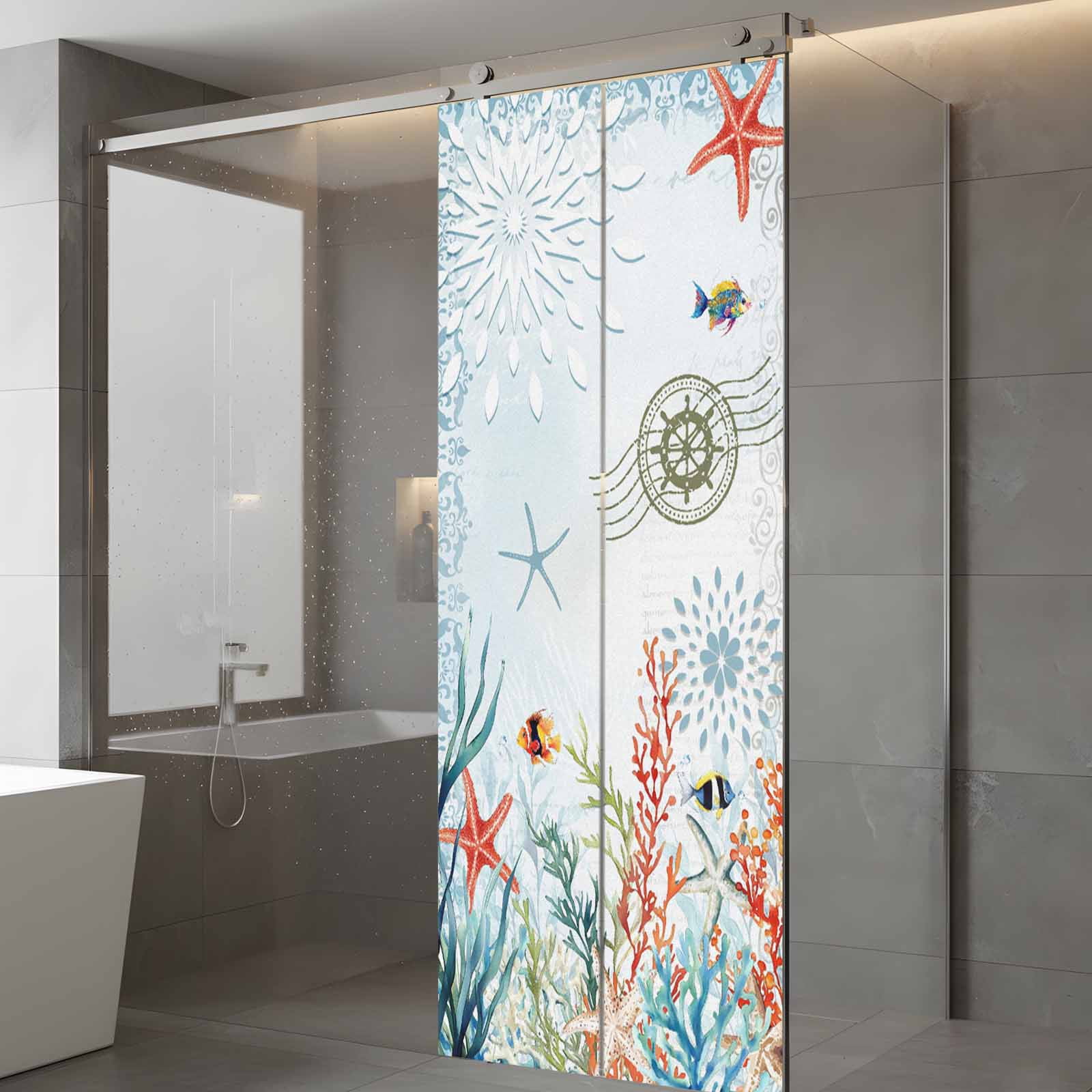 Coastal Blue Window Privacy Film, Ocean Coral Starfish Shell Nautical Seagrass Static Cling UV Sun Blocking Heat Control Window Tint, Non-Adhesive One Way Windows Privacy Cover 23.6''x59''