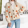 thumbnail image 2 of LEKODE Women Pumpkin Embroidery V Neck Button Down Bubble Long Sleeve Cropped Relaxed Fit Knit Cardigan Casual Fall Holiday Layering Outerwear Beige L, 2 of 4