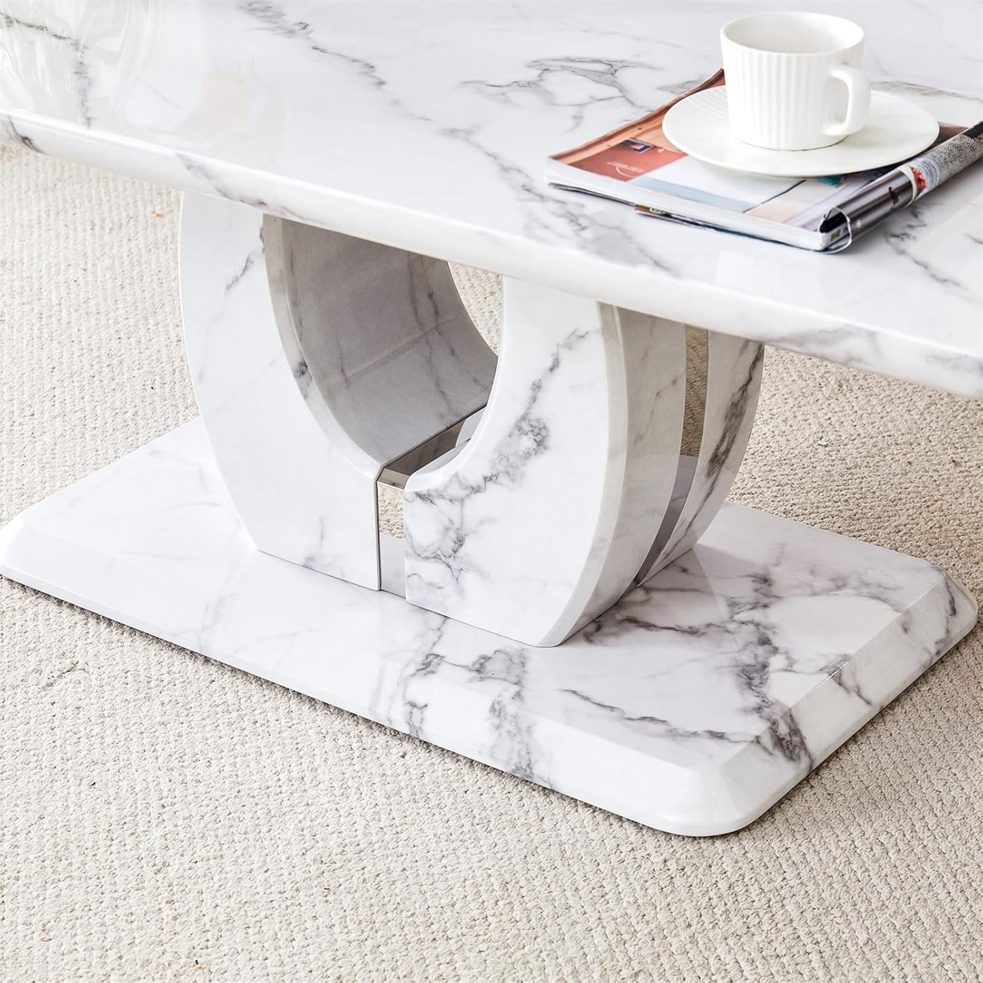 Rectangle Coffee Table for Living Room, Imitation Marble Coffee Tables with Storage, Modern Stable Base Center Tea Table for Dining Room Small Space Apartment (43.3''L×22.4''W-White)