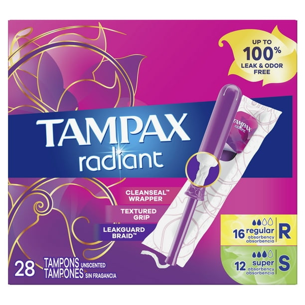 Tampax Radiant Tampons, Unscented, Regular/ Super Absorbency, 28 ct