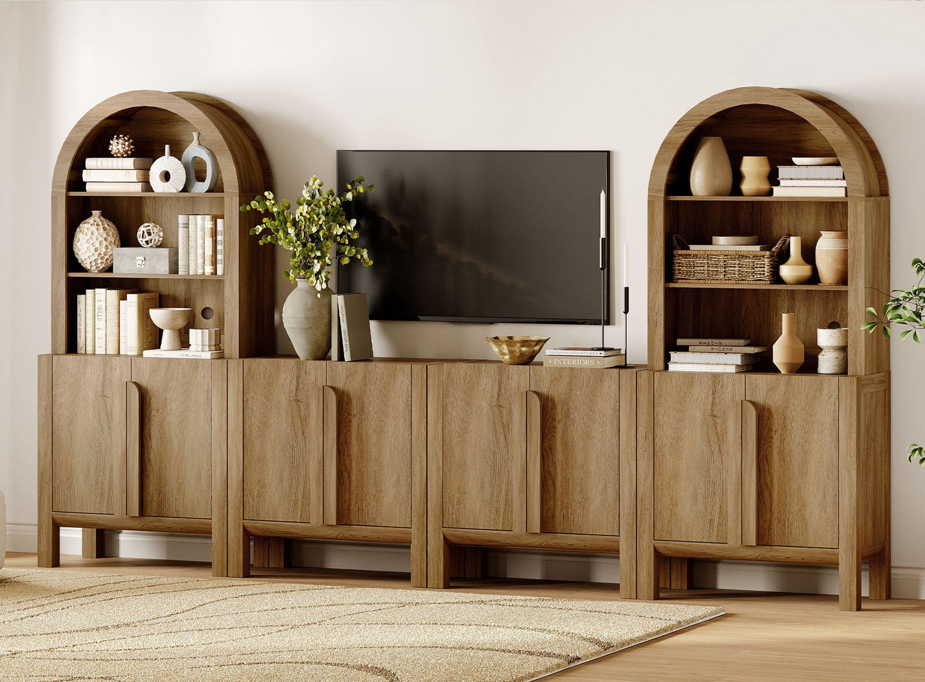 126" Mid-Century Modern TV Stand with Bookshelves for Tvs Up to 70", Large Entertainment Center with Storage Cabinet, TV Console with Doors For Living Room, Bedroom