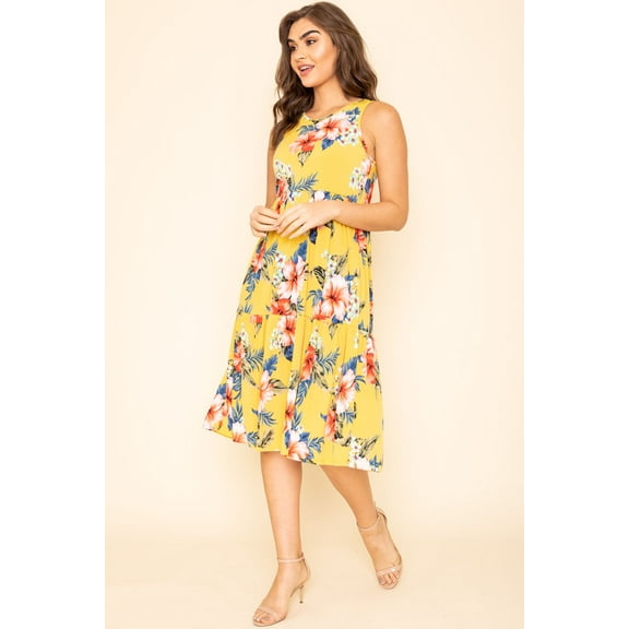 Yellow Hawaiian Floral Tiered Sleeveless Midi Dress