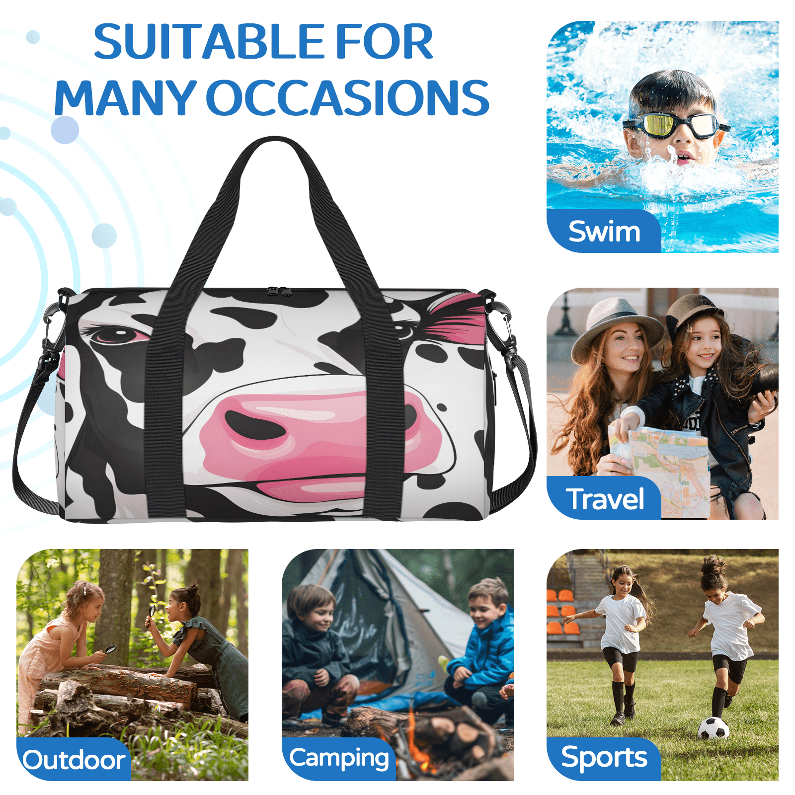 Herdesigns Cow Travel Duffle Bag Sports Yoga Weekender Overnight Carry on Workout Bags Lightweight Waterproof Gym Tote Bag for Women Funny