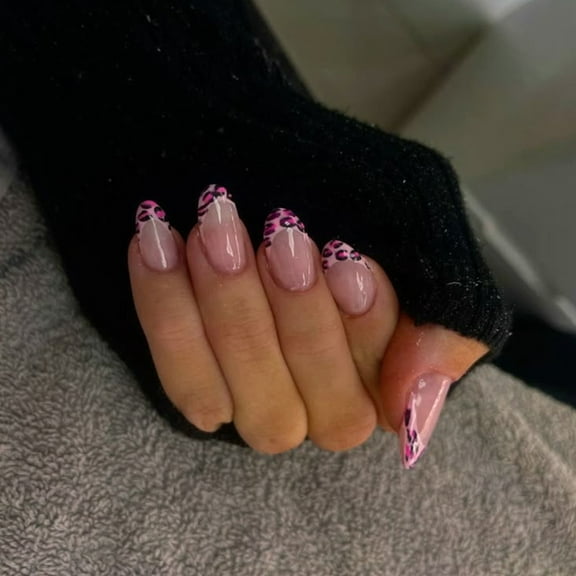 Huhudde 24Pcs Almond Press On Nails Artificial Acrylic Nails Leopards Designs False Nails Glues On Nails French Tips Fake Nails