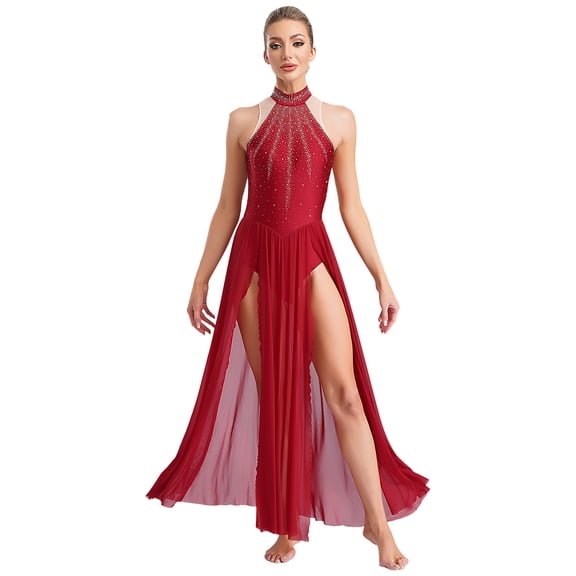 Doomiva Women's Lyrical Dance Dress Belly Dacne Flowy Split Maxi Dresses Burgundy XL