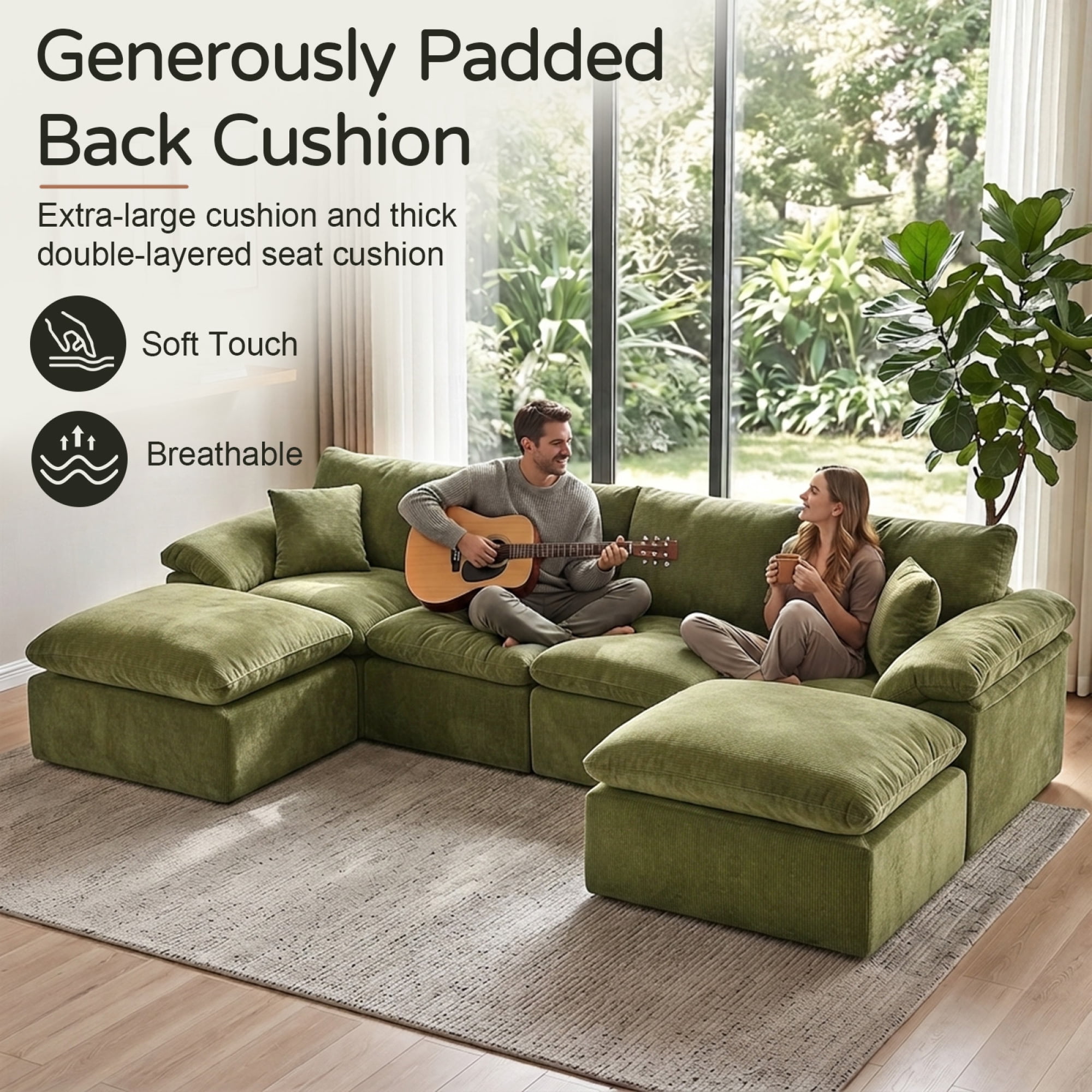 HOQBN Modular Sectional Sofa, L Shape Cloud Couch with 2 Movable Ottoman, Comfy Chenille Deep Seat Sofa with Soft Pillows for Living Room Apartment (Green)