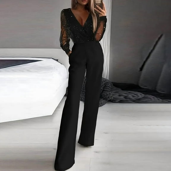 VIWORLD Women's Elegant V-Neck Long Sleeve Mesh Panel Jumpsuit Semi-Sheer Summer Party Evening Wear，Black S