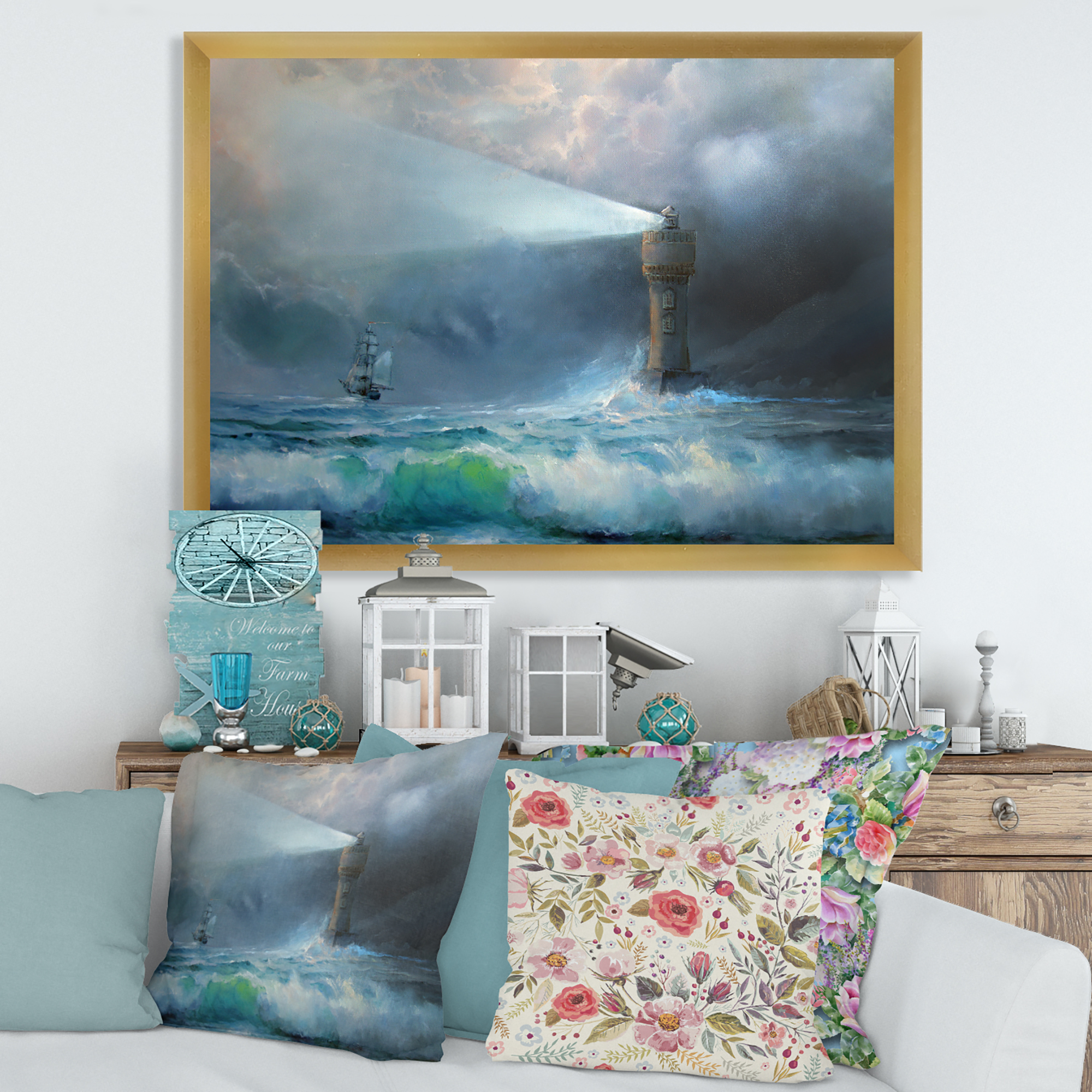 Lighthouse Shining Light During Stormy Clouds Night II 40 in x 30 in Framed Painting Canvas Art Print, by Designart