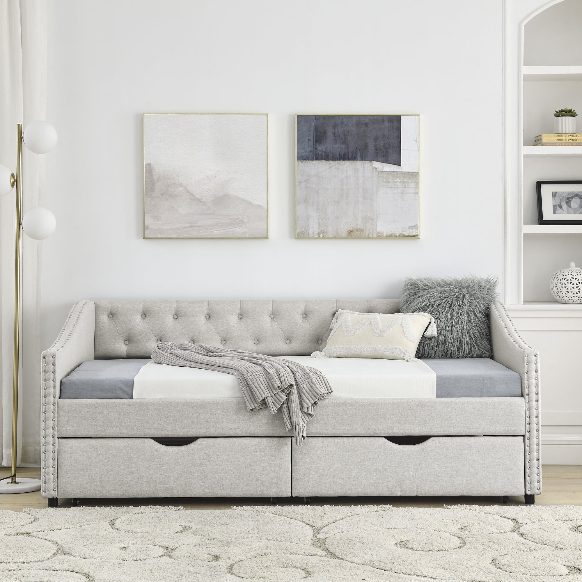 DEALTOPS Twin Size Upholstered Daybed with Two Storage Drawers,Twin Polyester Sofa Bed Storage Daybed Frame for Bedroom Guest Room - Beige