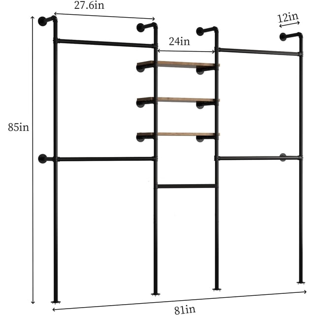 OUYAWEI Wall Mounted Clothing Rack Industrial Pipe Clothes Hanging Shelf 2 Installation Methods Black