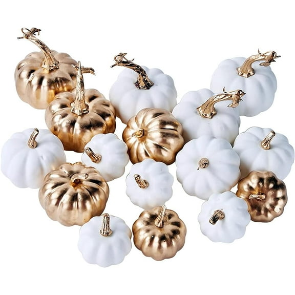 16 Pcs Assorted Fall Artificial Pumpkins Harvest White Faux Pumpkins and Gold Plating Pumpkins for Halloween Fall Thanksgiving Decorating Displaying