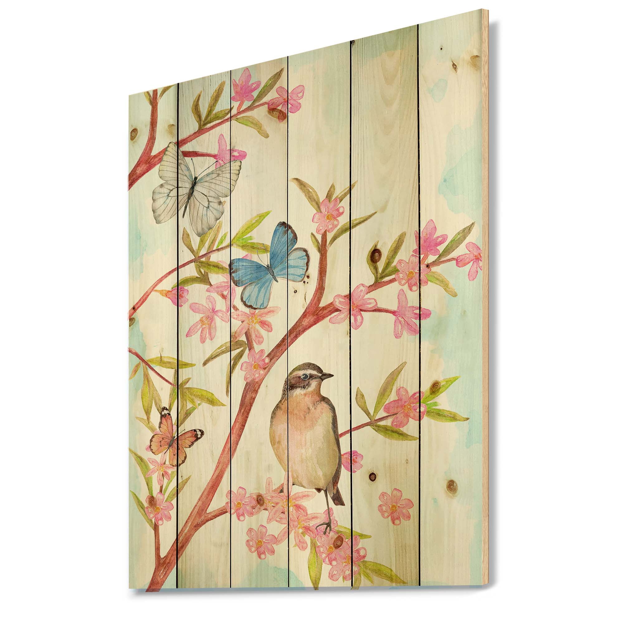 Designart 'Clever Bird Sitting On Branch of A Spring Tree With Butterflies' Traditional Print on Natural Pine Wood