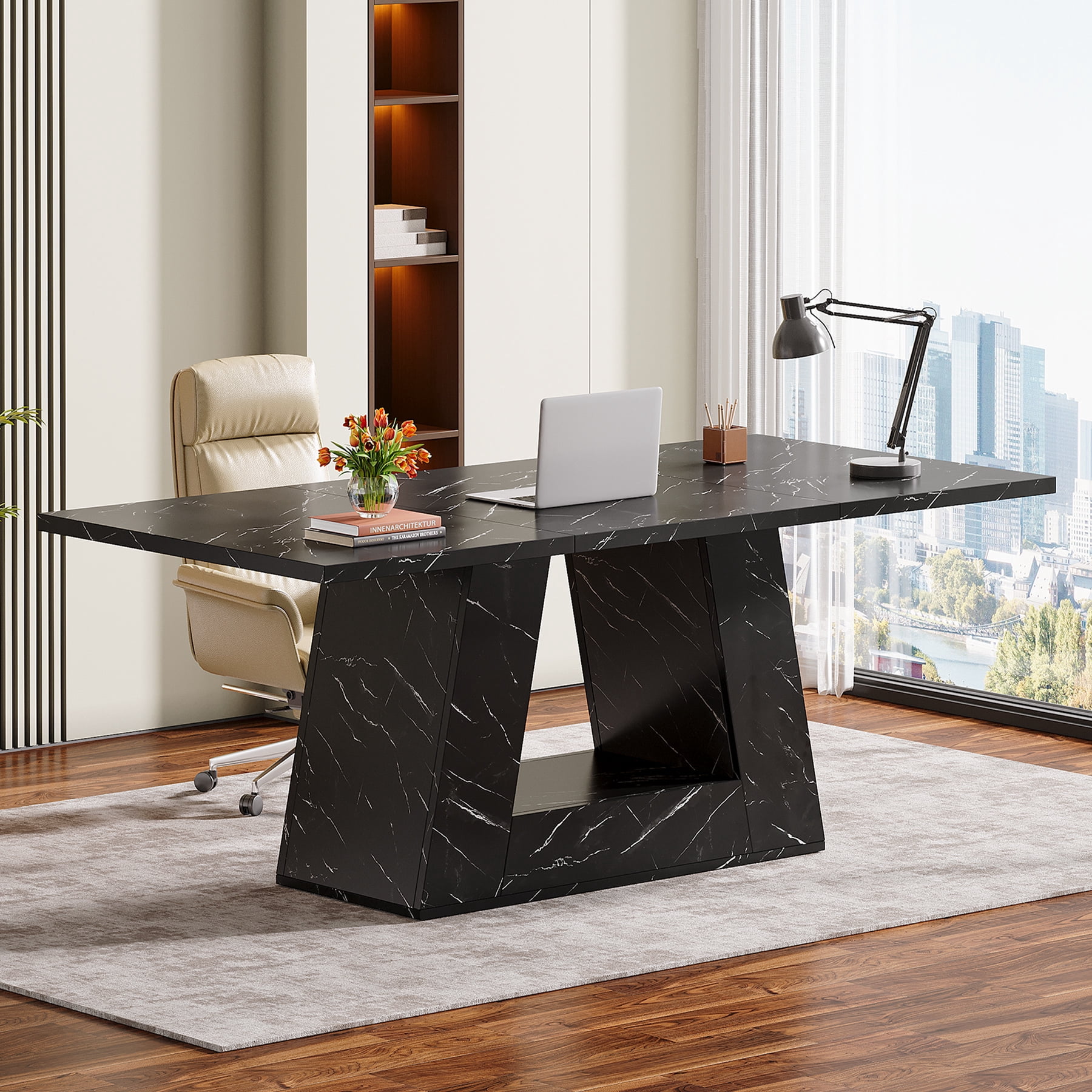 Tribesigns 63" Dining Table, Light Brown Wood Table Kitchen Table with Double Pedestal