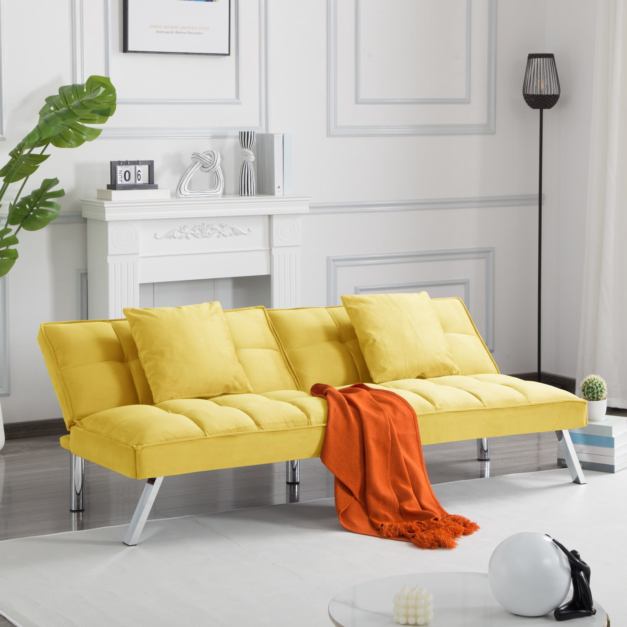 DEALTOPS 73" Convertible Futon Sofa Bed, 5-Angle Split-Back Sleeper with 2 Pillows for Small Spaces, Bright Yellow